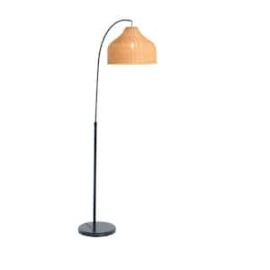78 in. Black and Natural 1-Light Arc Floor Lamp with Rattan Shade