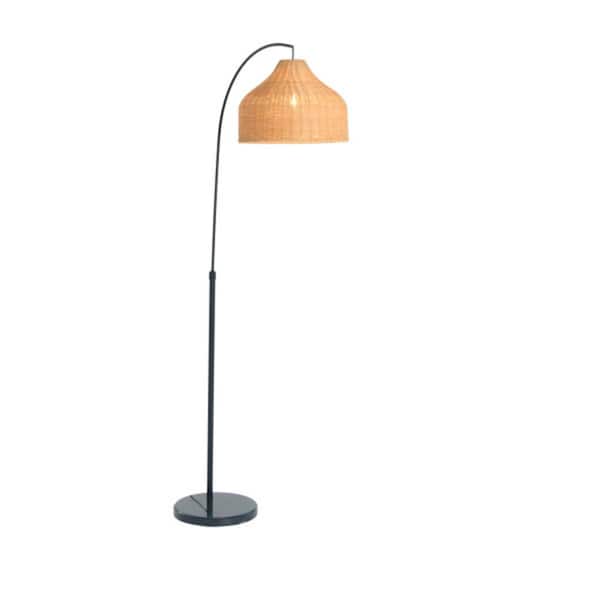 Storied Home 78 in. Black and Natural 1-Light Arc Floor Lamp with Rattan Shade