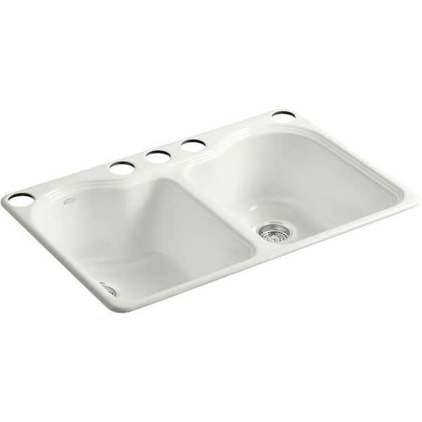 KOHLER Hartland Undermount Cast-Iron 33 in. 5-Hole Double Bowl Kitchen Sink in Dune