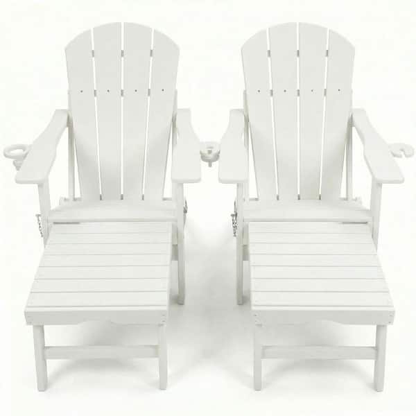White HDPE Plastic Folding Adirondack Chair with Retractable Ottoman and Cup Holder (2-Pack)