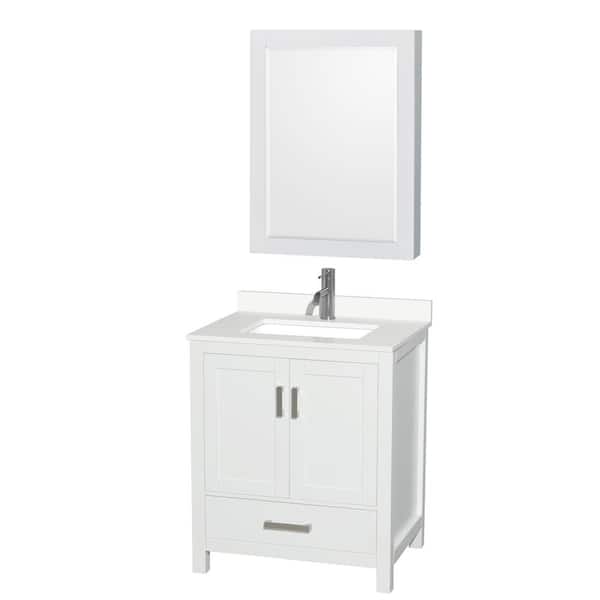 Wyndham Collection Sheffield 30 in. W x 22 in. D x 35 in. H Single Bath Vanity in White with White Quartz Top and Mirror