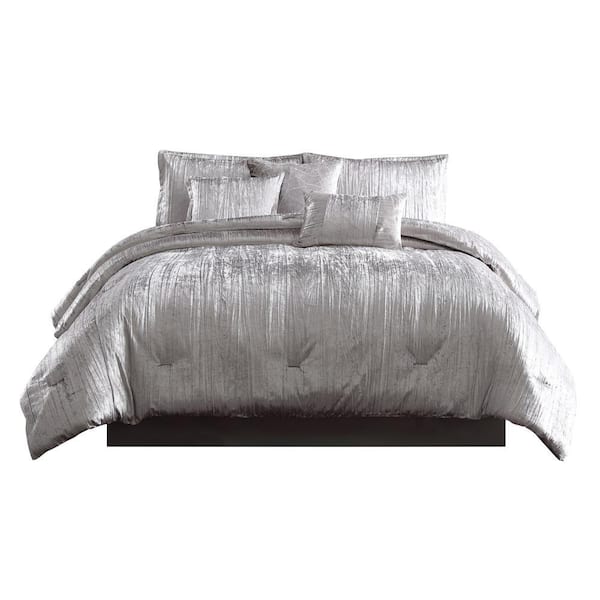 Benjara 6-Piece Silver Solid Print Microfiber Twin Comforter Set