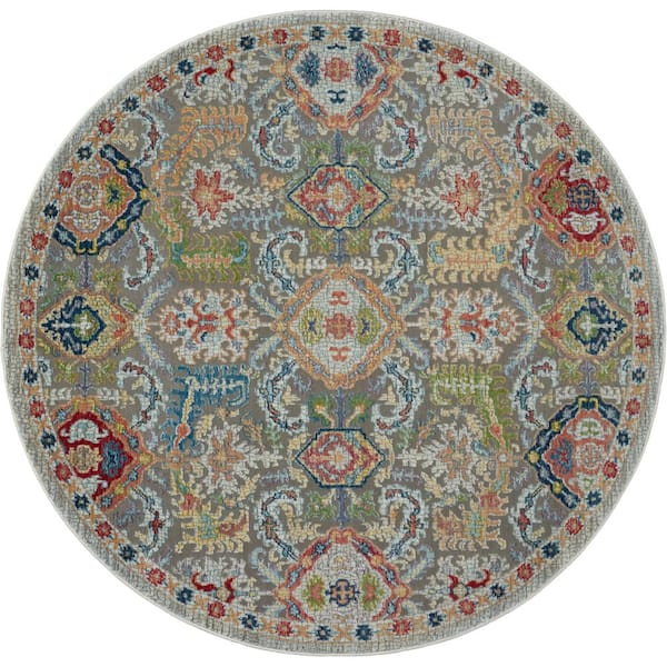 Nourison Global Vintage Grey/Multicolor 6 ft. x 6 ft. Border Tradtional Round Area Rug
