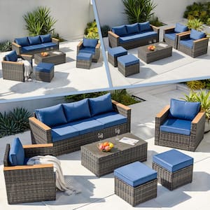 6-Piece Gray Wicker Patio Conversation Set with Blue Cushions