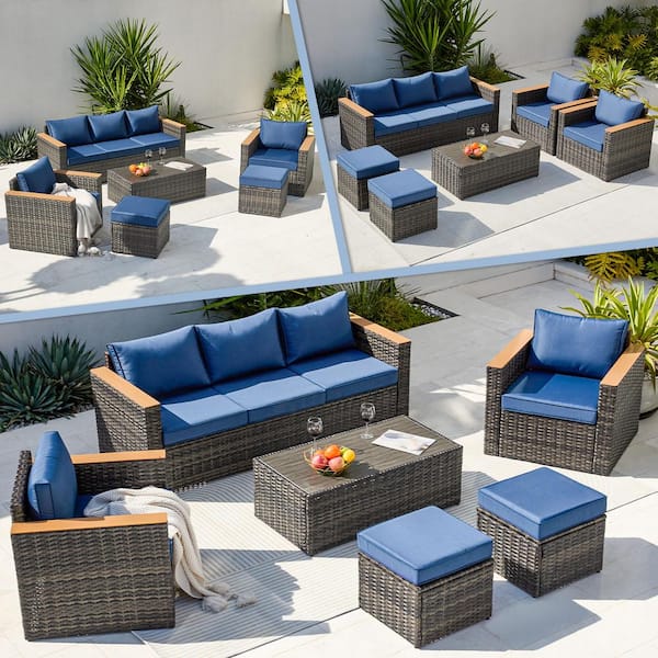 Tenleaf 6-Piece Gray Wicker Patio Conversation Set with Blue Cushions