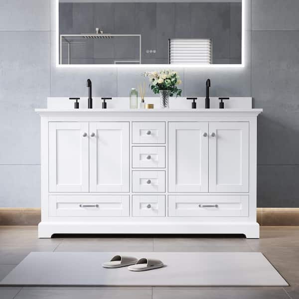 60 in. Solid Wood Double Sink Freestanding White Bath Vanity with Pure White Cultured Marble Top Assembled