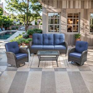 Rotavia Brown 5-Piece Wicker Patio Conversation Set with Swivel Rockers, Outdoor Sofa Seating Set with Blue Cushions