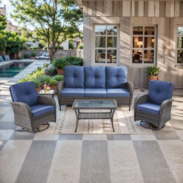 Rotavia Brown 5-Piece Wicker Patio Conversation Set with Swivel Rockers, Outdoor Sofa Seating Set with Blue Cushions