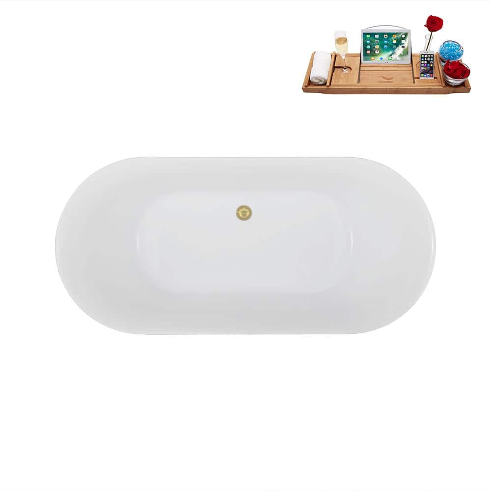 59'' Glossy White Freestanding Acrylic Soaking Bathtub with Polished Brass Drain