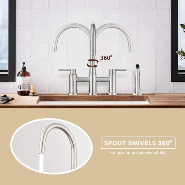 SWAN Double Handle Bridge Kitchen Faucet Stainless in Brushed Nickel