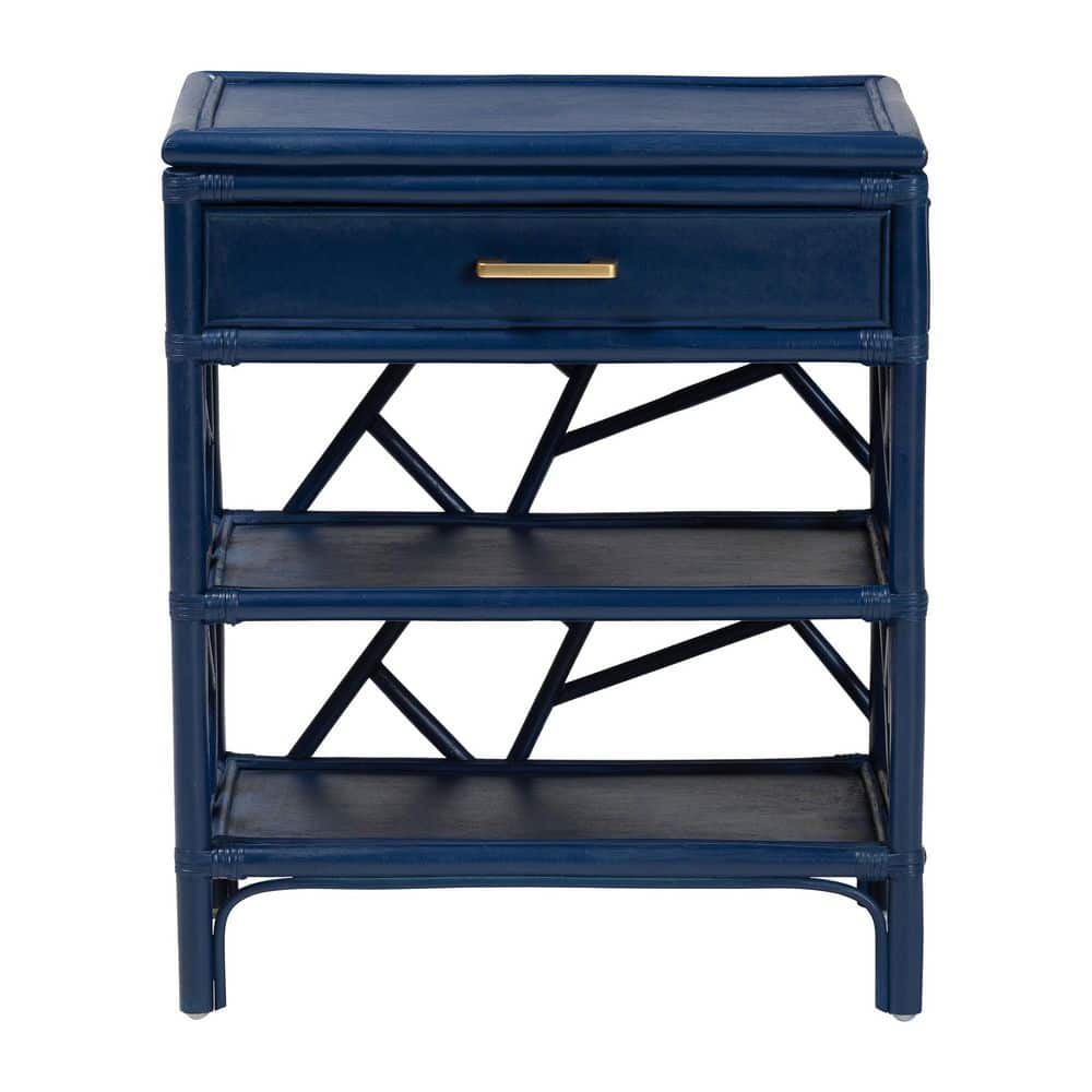 Front view of a blue rattan nightstand with a gold drawer pull.