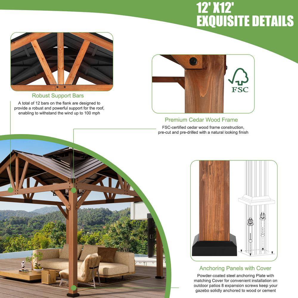 12' x 12' Cedar Wood Gazebo with Metal Roof