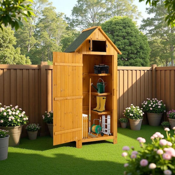 30.3 in. W x 21.3 in. D x 70.55 in. H Natural Brown Outdoor Storage Cabinet, Garden Wood Vertical Storage Shed