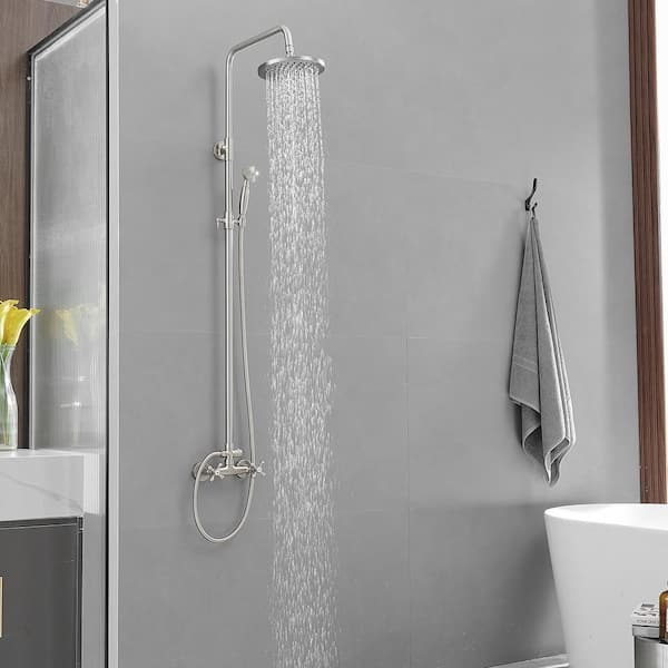 2-Spray Outdoor Wall Bar Shower Kit 8 in. Round Rain Shower Head with Hand Shower and 2 Cross Knobs in Brushed Nickel