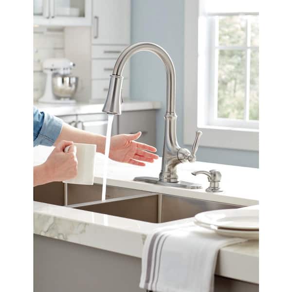 Touchless LED Single-Handle Pull-Down Sprayer Kitchen Faucet with Soap Dispenser in Stainless Steel