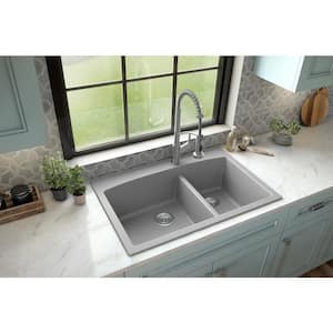 Drop-In Quartz Composite 33 in. 1-Hole 60/40 Double Bowl Kitchen Sink in Grey