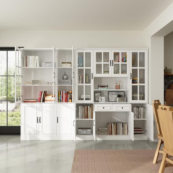 110.2 in. Width Luxurious Wide White Wooden 25-Shelves Accent Bookcase with Tempered Glass Door and 2-Drawers