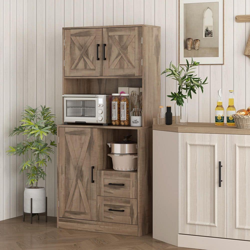 Rustic Driftwood Particle Board Kitchen Pantry Cabinet with Barn Doors