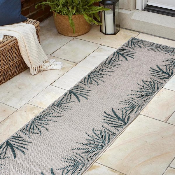 Isla Blue/Cream 2 ft. x 8 ft. Coastal Cottage Palm Frond Border Indoor/Outdoor Runner Rug