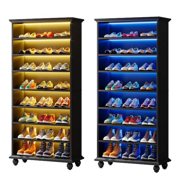 Lauren 2PCS 68.9 in. H x 28.3 in. W Black Wood Shoe Storage Cabinet with LED Lighting and Open Shelves and Legs, 8 Tiers