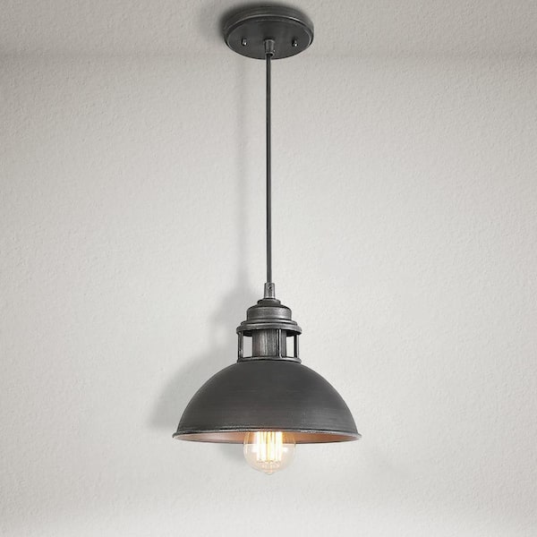 LNC Industrial 1-Light Brushed Silver and Black Island Pendant Light with Classic Dome Shade Barn Pendant LED Compatible