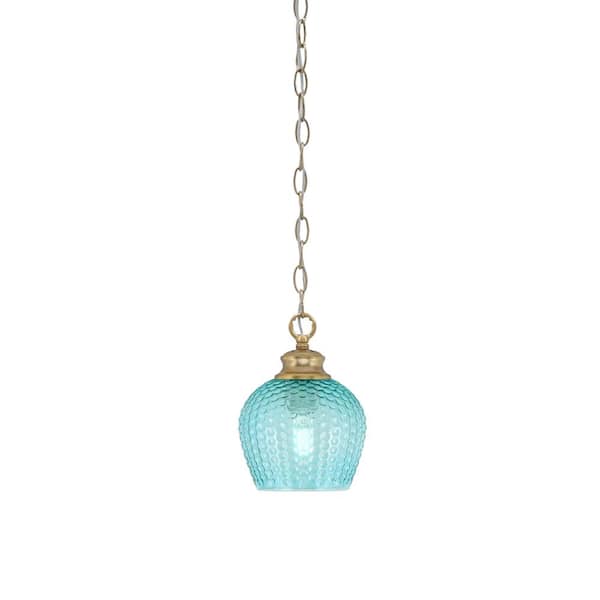 Unbranded Tyler 60-Watt 1-Light New Age Brass Chain Mini Pendant Light with Turquoise Textured Glass Shade