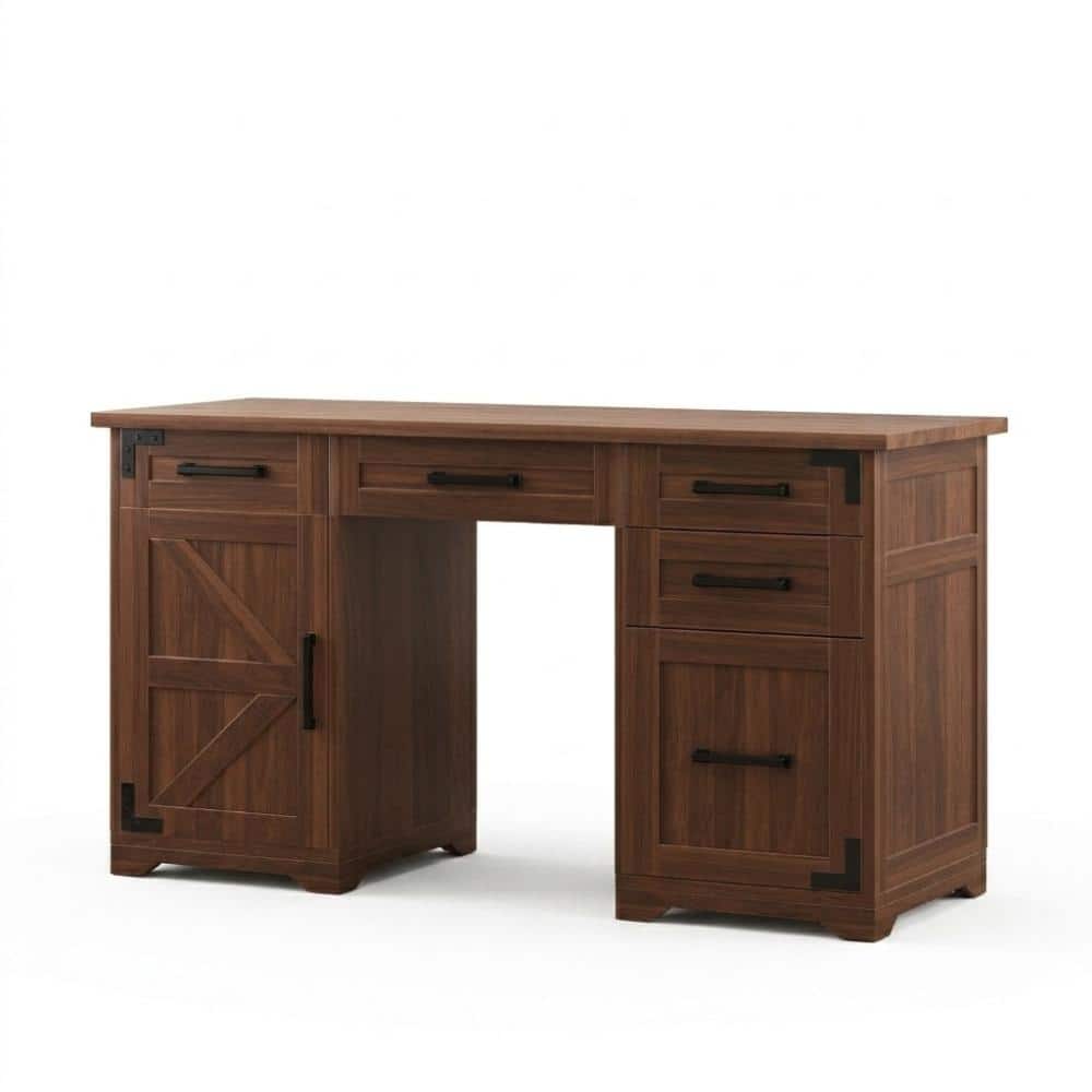 Nestfair 55.1 in. W Walnut Wood Desk with 5 Drawers, Cabinet, Charging Station