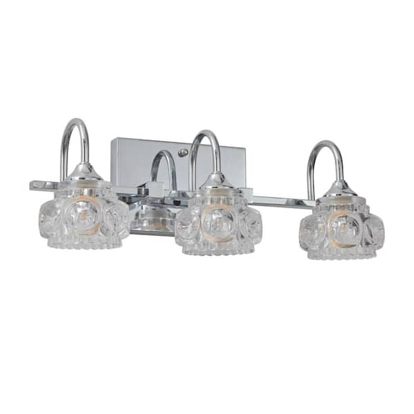 3-Light Chrome Vanity Light with Novelty Flower Crystal Clear Glass Shades and Iron Frame, E26 Bulbs Not Included