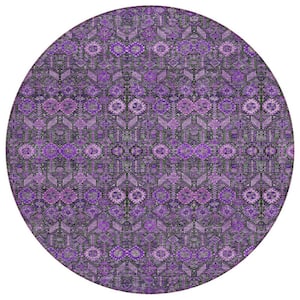 Purple and Green 8 ft. Round Woven Floral Round Indoor/Outdoor Area Rug