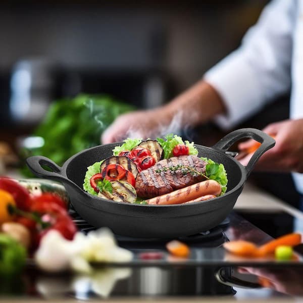 JFVKAF 6-Piece Black Cast Iron Skillet Set with Wooden Base Rustic