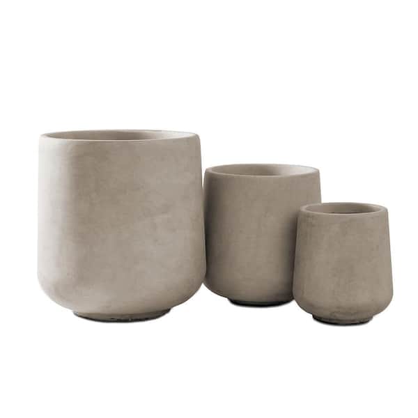 15.3 in. 11.6 in. 8.2 in. Round Concrete Planters, Indoor/Outdoor Pots with Drainage Holes, Weathered Concrete