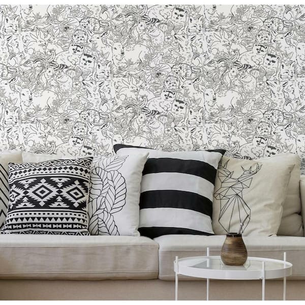 White and Black Woodland Sketch Peel and Stick Wallpaper (Covers 28.29 sq. ft.)