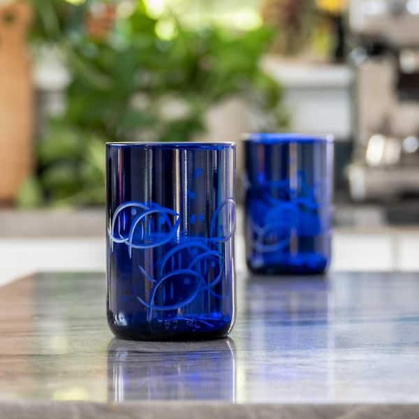Rolf Glass Blue Fish 14 oz. Repurposed Blue Tumbler Glasses - Set of 4  306353-S/4