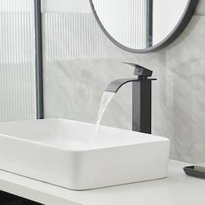 Waterfall Single Hole Single Handle Tall Bathroom Vessel Sink Faucet With Supply Hose in Matte Black