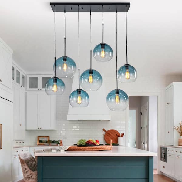 Reverso 7-Light 41.7 in. W Matte Black Waterfall Cluster Rectangler Large Modern Chandelier with 2-Size Globe Blue Glass