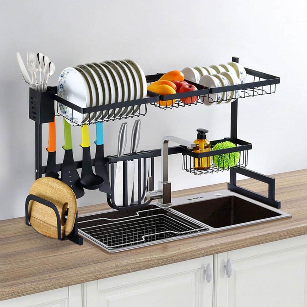 2-Tier Black Stainless Steel Over the Sink Dish Rack, Tableware Organizer w