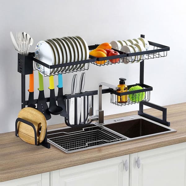2-Tier Black Stainless Steel Over the Sink Dish Rack, Tableware Organizer with Utensils, Cutlery Cutting Board Holder