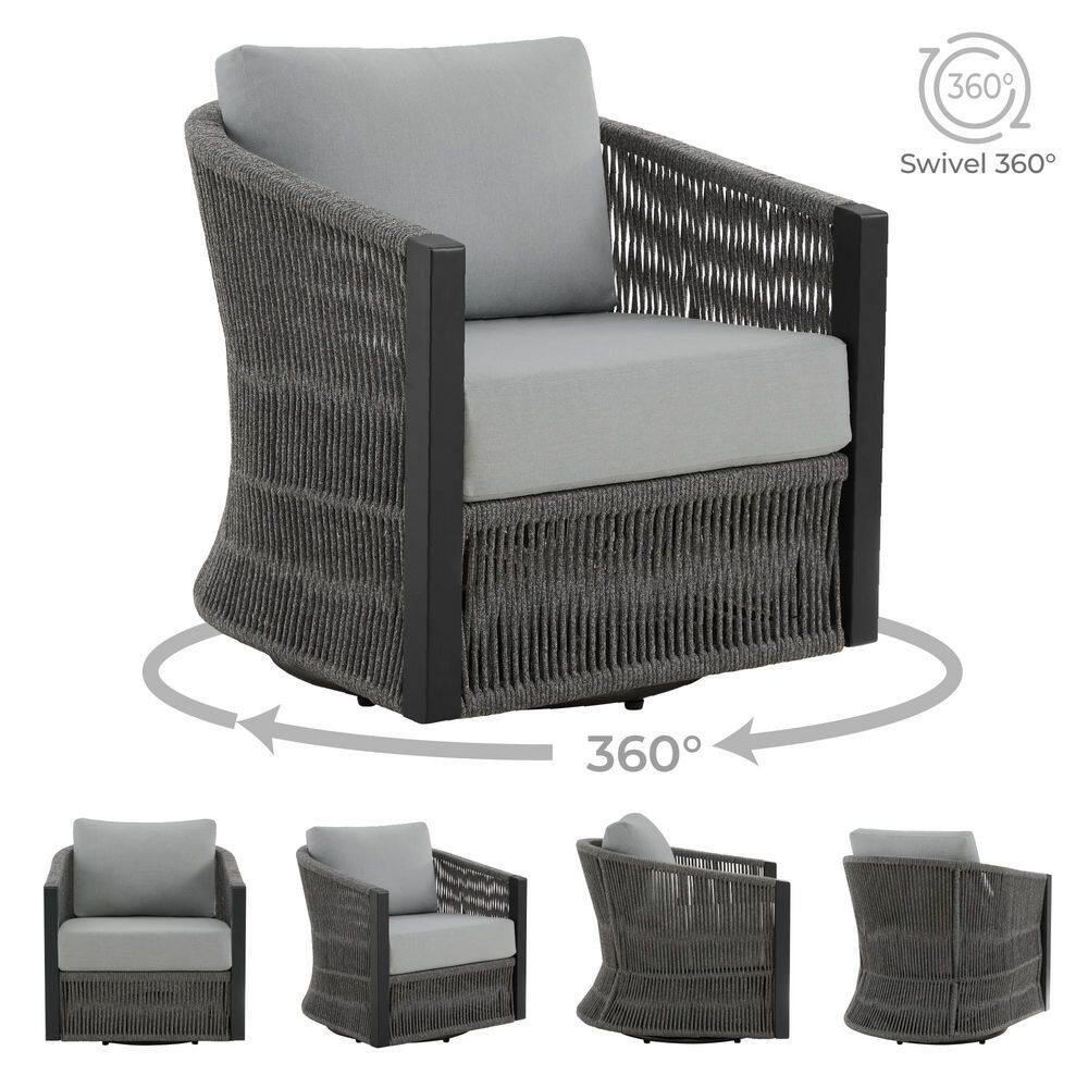 Multiple views of a gray woven swivel arm chair showing 360-degree rotation.