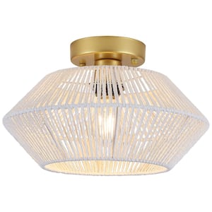 Semiko 12.6 in. 1-Light Gold/White Rattan Caged Semi Flush Mount Ceiling Light With Shade