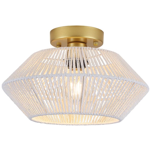 LWYTJO Semiko 12.6 in. 1-Light Gold/White Rattan Caged Semi Flush Mount Ceiling Light With Shade