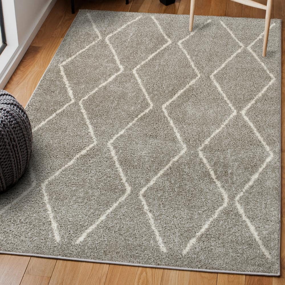 Catala Gray and Ivory Diamond Shag 5' x 8' Area Rug