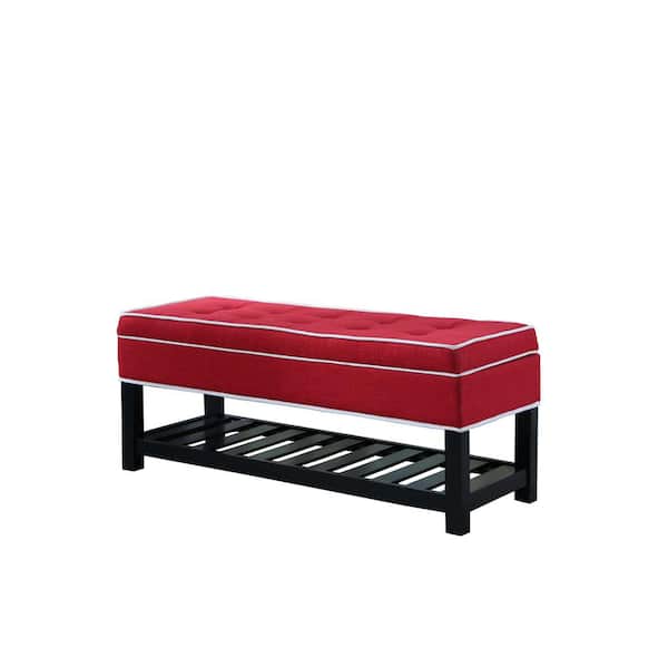 White Piping Tufted Storage Shoe Bench, Storage Bench Red