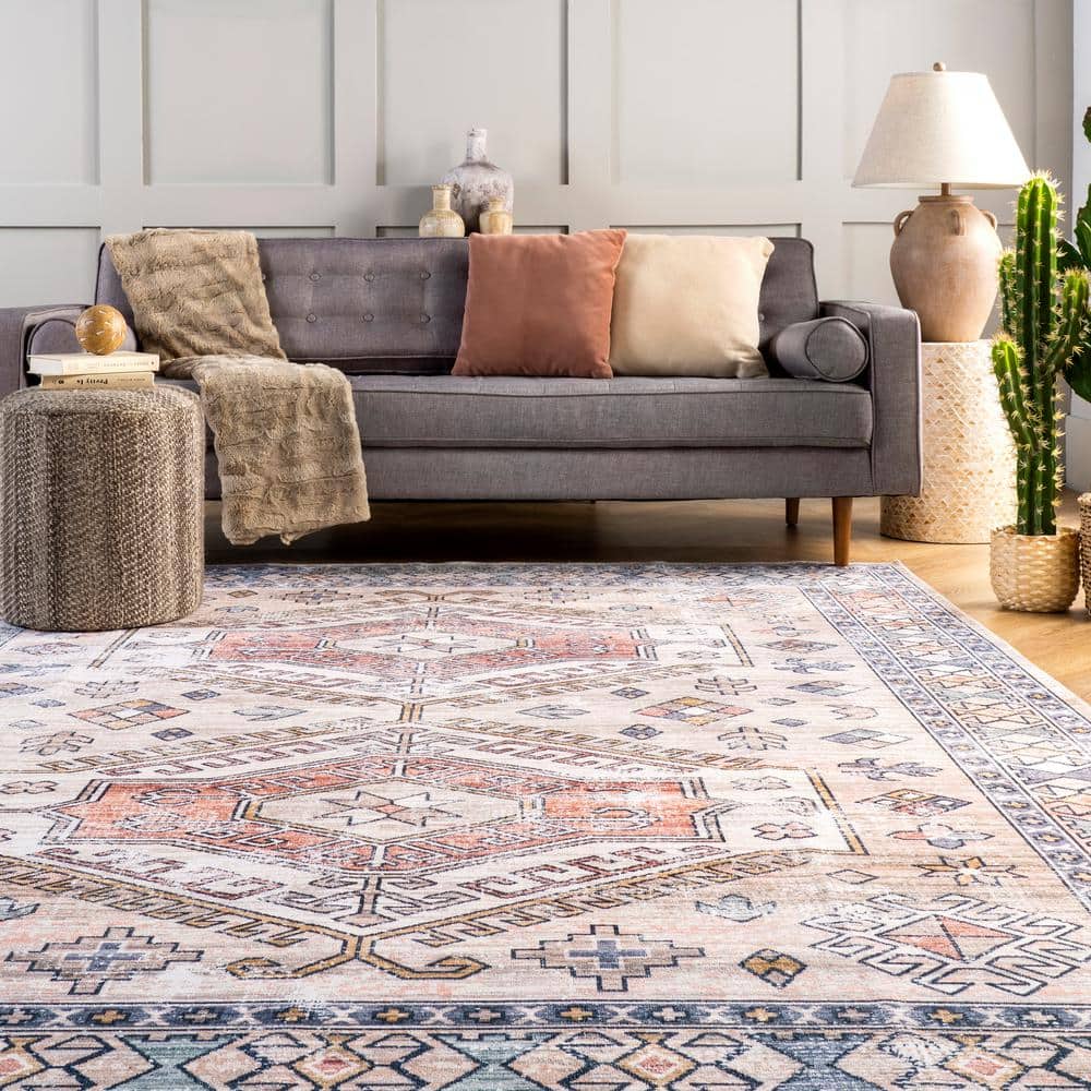 Mae Peach and Ivory Tribal Motif Machine Washable 3' x 5' Area Rug