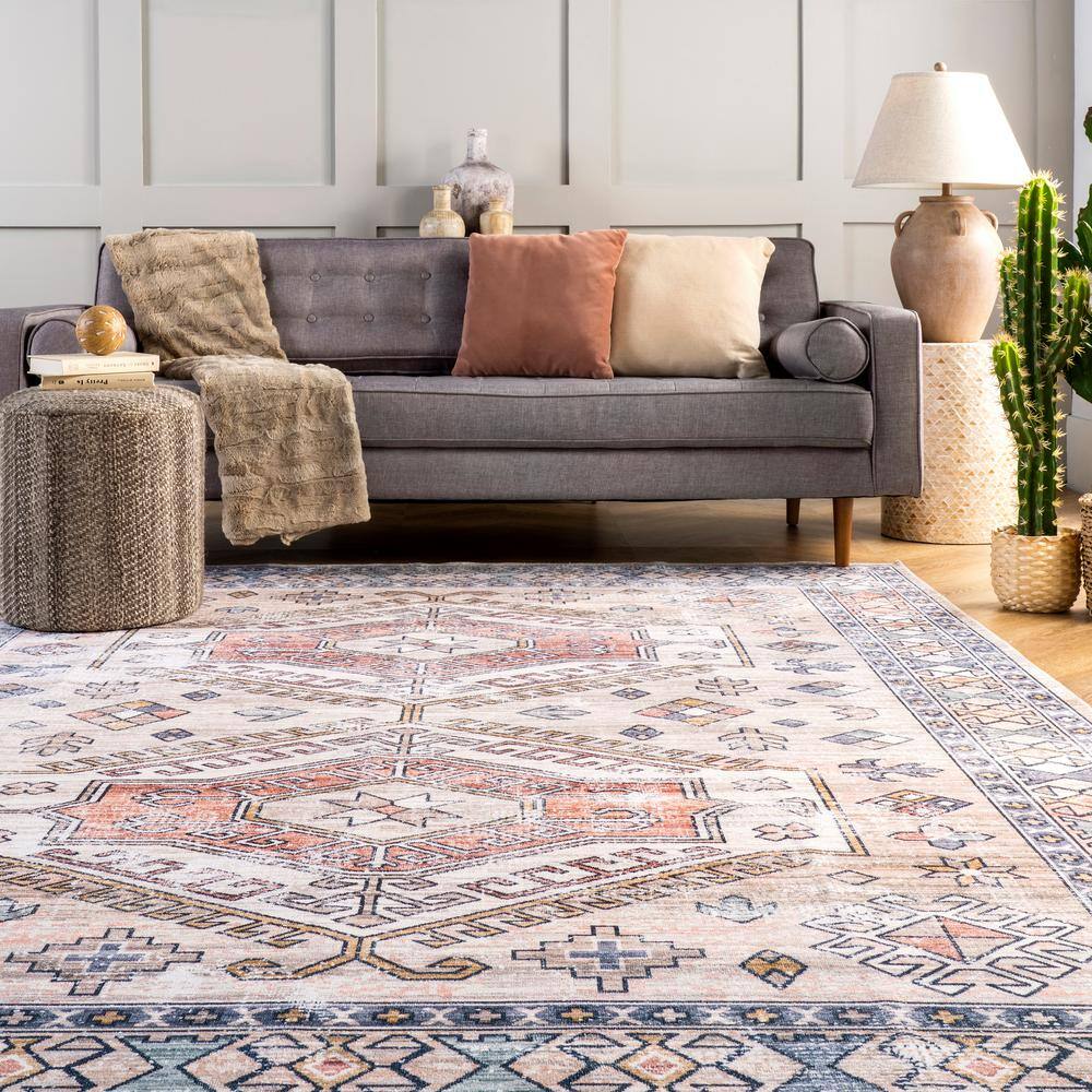 Mae Peach Tribal Motif 8' x 10' Washable Area Rug