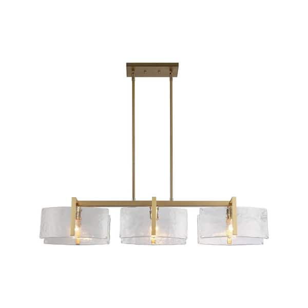 Aenon 300-Watt 3 Light Brushed Champagne Bronze Island Pendant Light with Hammered Water Glass Shade, No Bulbs Included
