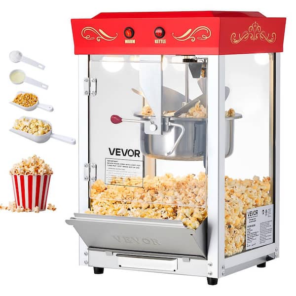 Popcorn Machine, 8oz. Stainless Steel Kettle, 800W Commercial Countertop Popcorn Maker, Oil, Popcorn Machine, Red