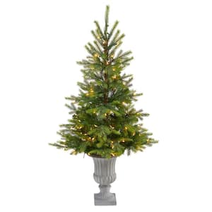 4.5 ft. Green Pre-Lit Spruce Artificial Christmas Tree with 100 Clear Lights and 207 Bendable Branches in Decorative Urn