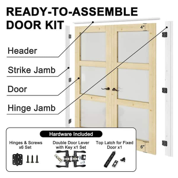 56 in. x 80 in. 3-Lite Frosted Glass Universal Solid Core Wood Double Prehung Interior Door with Quick Assemble Jamb
