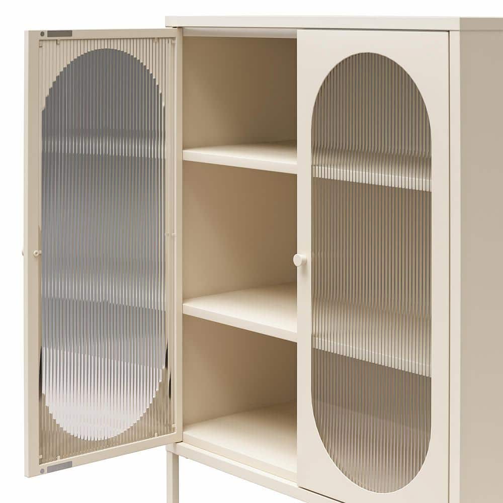 Parchment Metal Accent Cabinet with Fluted Glass Doors