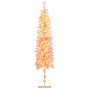 6 ft. Tall Pencil Prelit Artificial Christmas Tree with 703 Snow Flocked Branches, 170 Warm White LED Lights, Pink